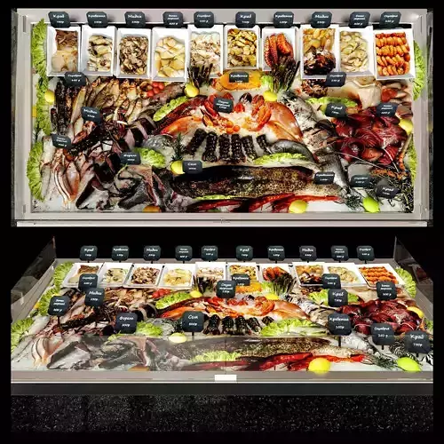 Showcase with seafood