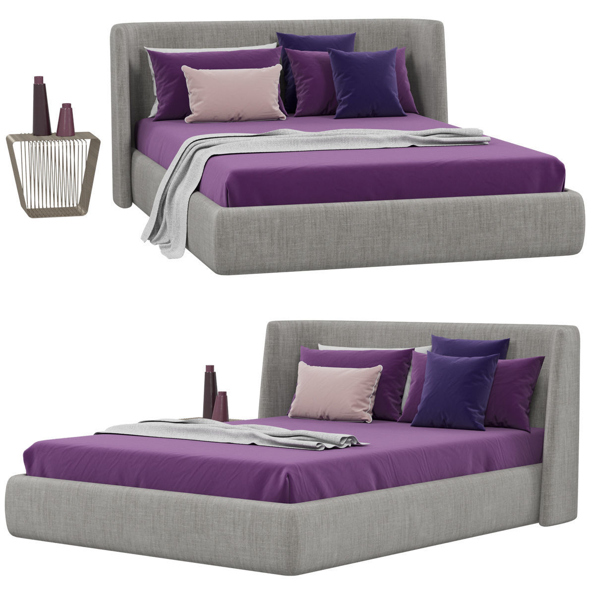 Beds collection 1 bed with two nightstands and lamp 3D model_2