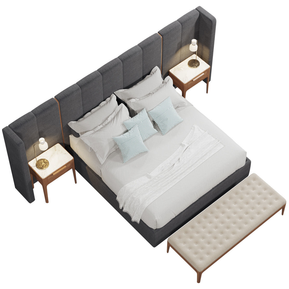 Beds collection 1 bed with two nightstands and lamp 3D model_19