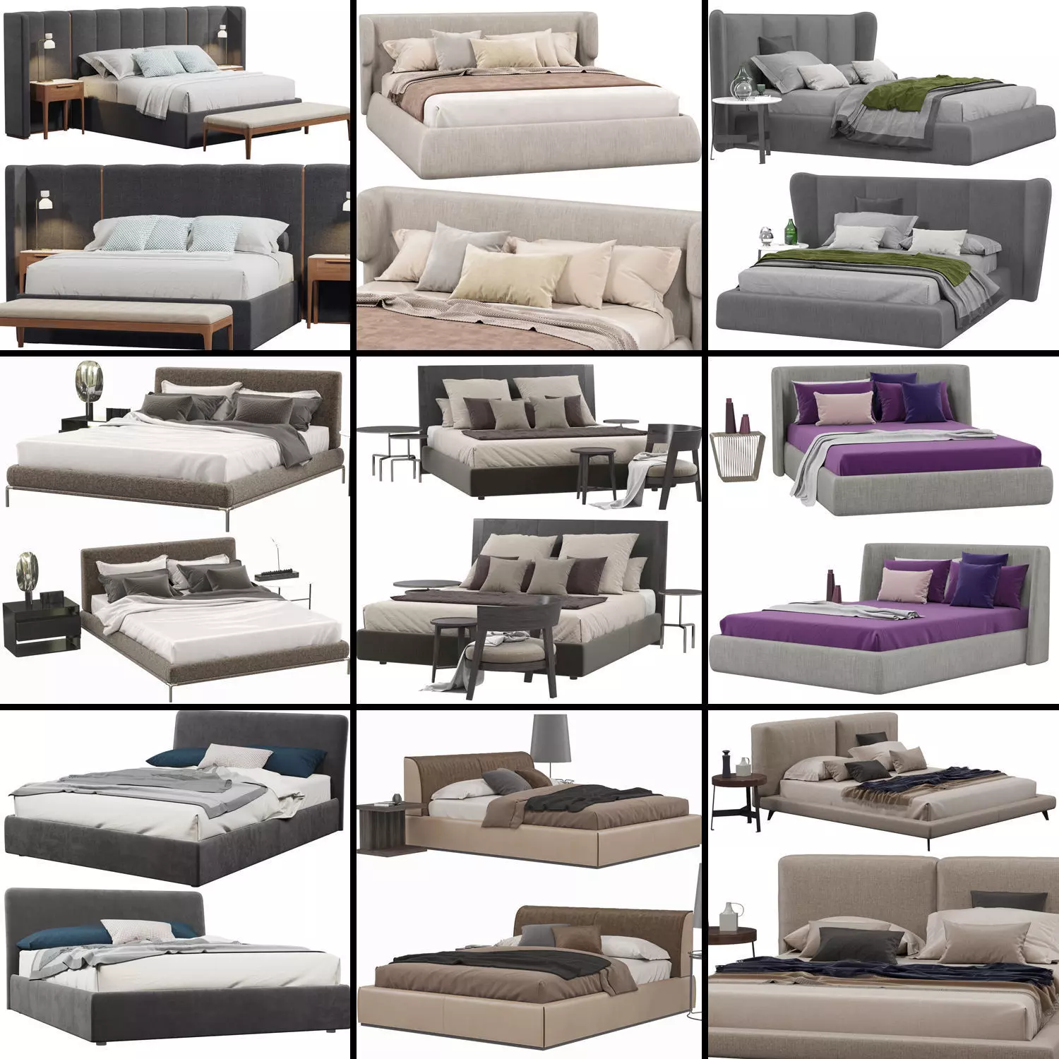 Beds collection 1 bed with two nightstands and lamp 3D model_0