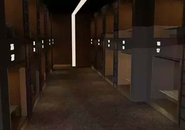 capsule hallway with shelves and lockers