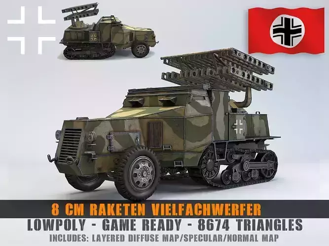 Low Poly 8 cm Raketen Vielfachwerfer auf Fahrgestell Zgkw S303 f Low-poly 3D model