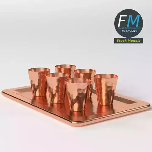 Copper shot glasses on a tray 3D model