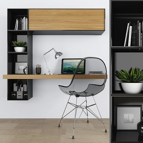 Workplace desk with bookshelves and chair Low-poly 3D model