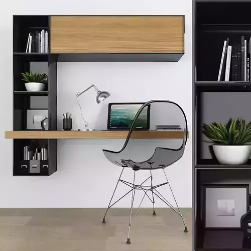 Workplace desk with bookshelves and chair Low-poly 3D model