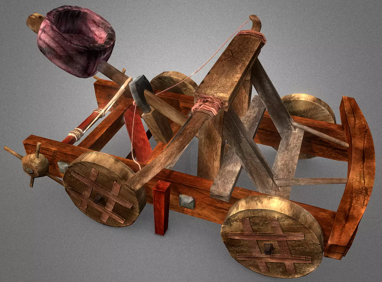 Catapult wooden cannon Low-poly 3D model_0