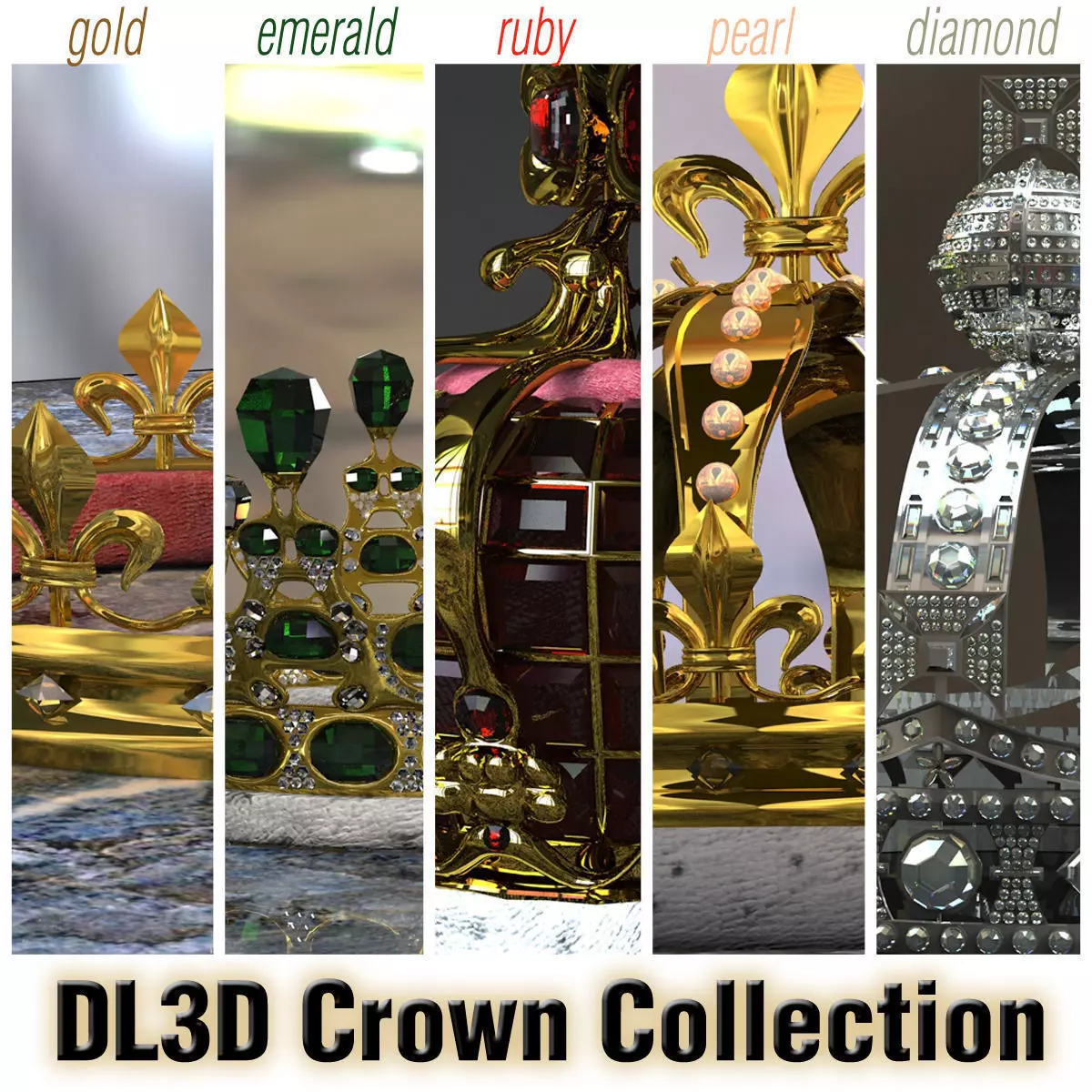 Collection - 5 Crowns different and jewels 3D model_0