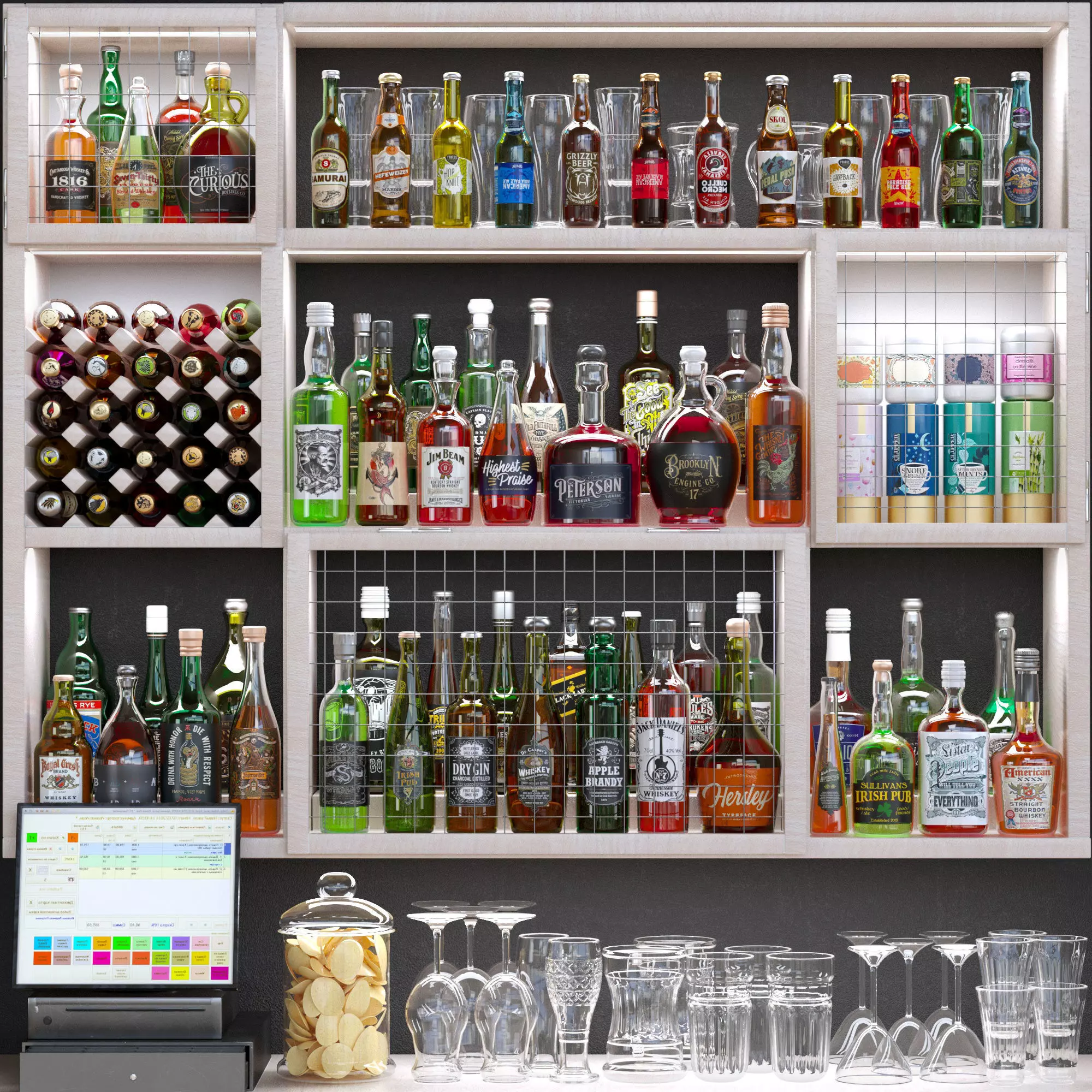 BarAlcohol bar counter with liquor bottles and glasses 3D model