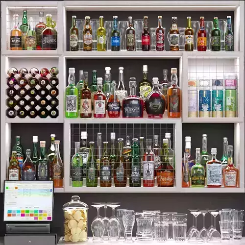 BarAlcohol bar counter with liquor bottles and glasses