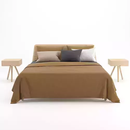Wooden bed with linen cover