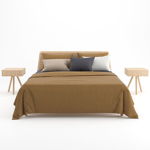 Wooden bed with linen cover 3D model