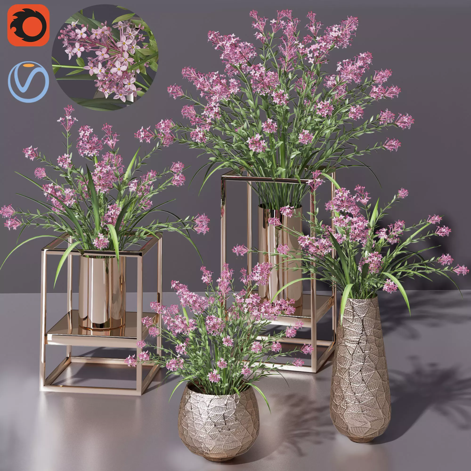 Pink lilac Bouquet Pot 3D model
