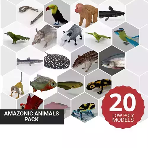 20 Low poly Amazonic Animals Pack 3D Model Collection