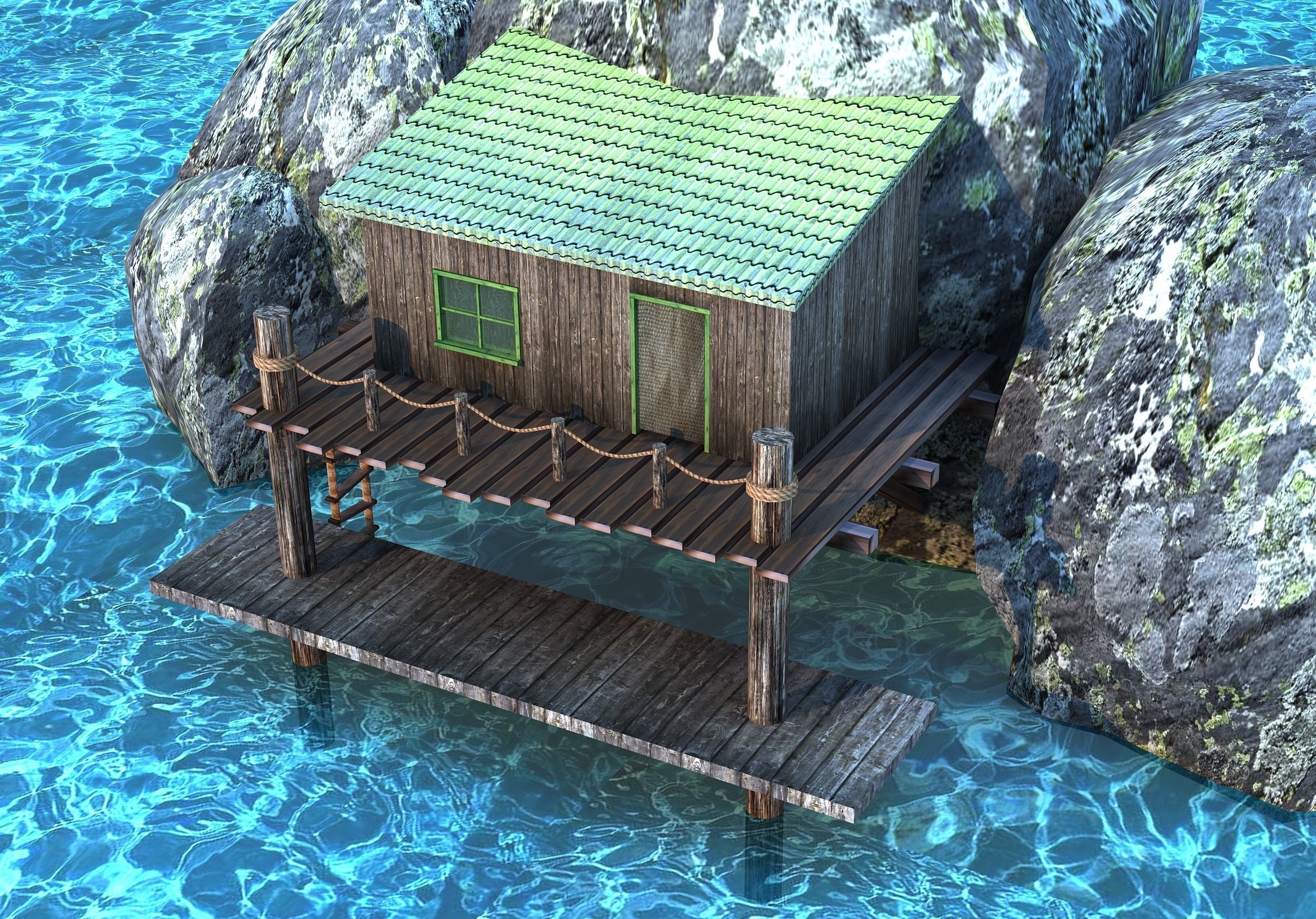 Hut on the rock  - Low poly Low-poly 3D model_3