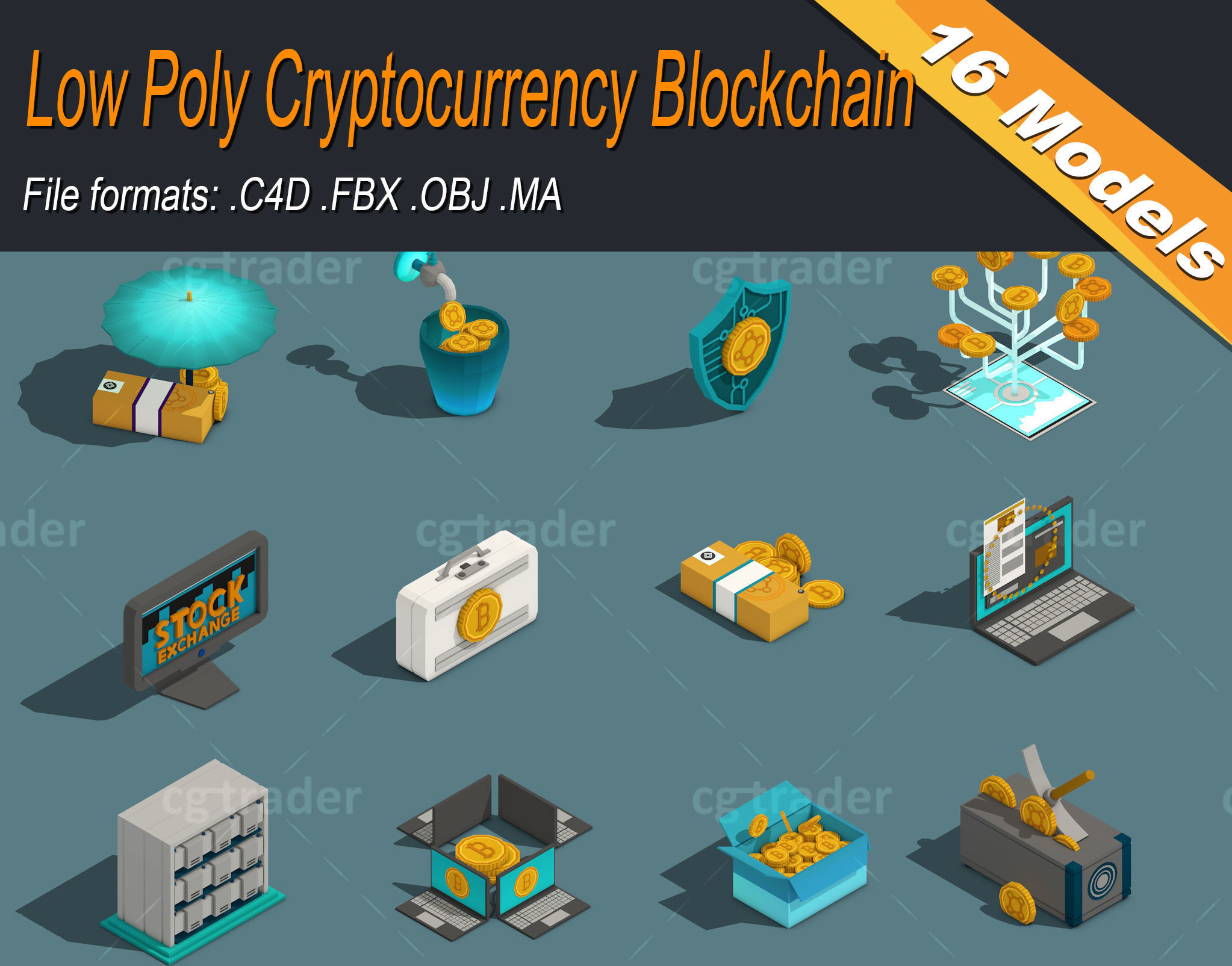Low Poly Cryptocurrency Blockchain Isometric Pack 01