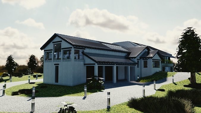 Blender Eevee Modern Mansion Low-poly 3D model 4