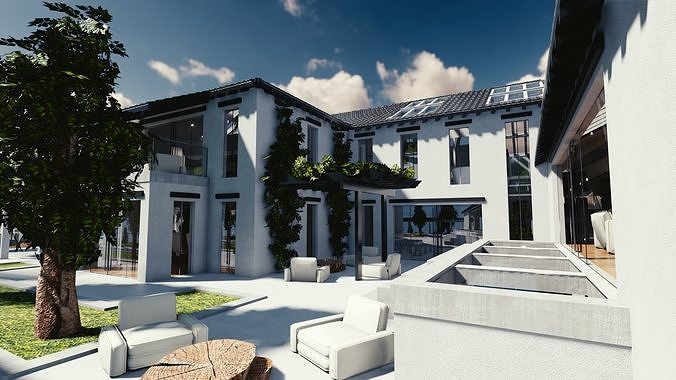 Blender Eevee Modern Mansion Low-poly 3D model 2