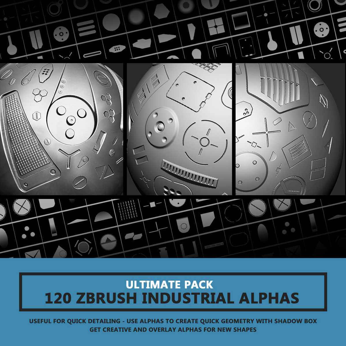 120 Industrial Zbrush Alphas - ULTIMATE PACK Texture_1