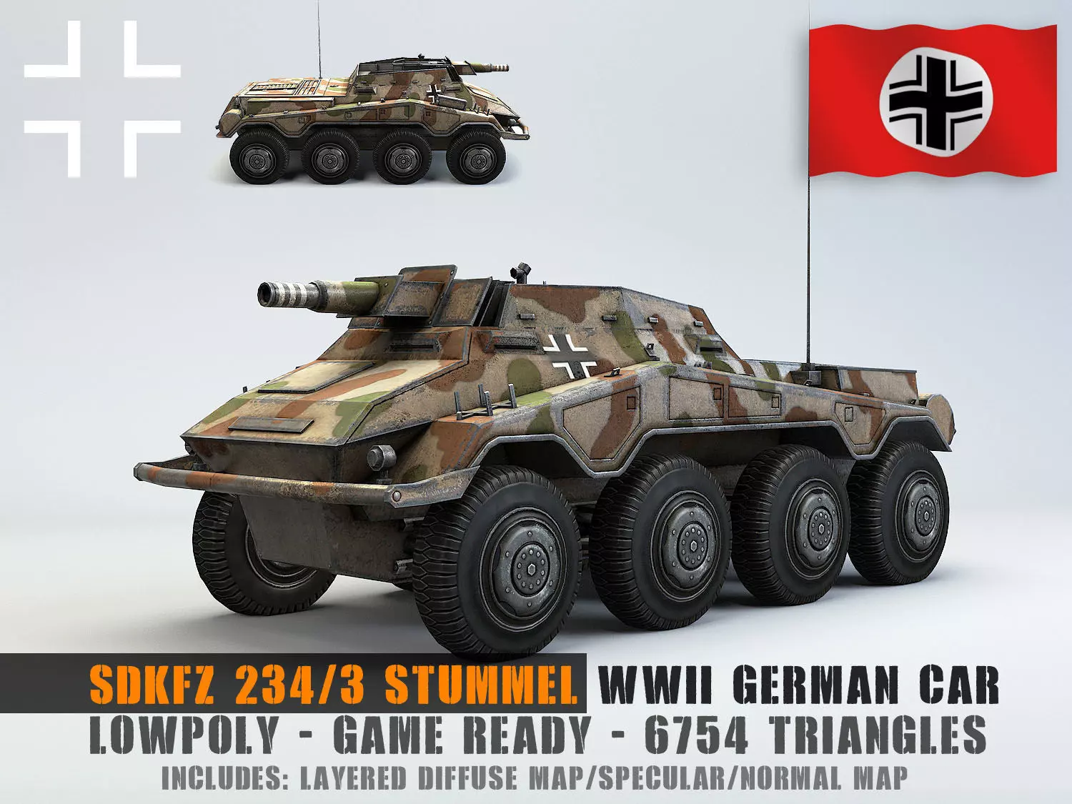 Low Poly SdKfz 234 3 Stummel Armored Car Low-poly 3D model_0