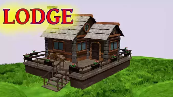 Lodge 3D Model Low poly log cabin in grass
