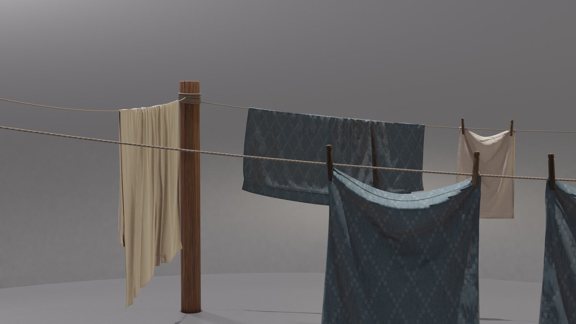 Clothes Line with Laundry Basket and Hanging Linens Low-poly 3D model_5