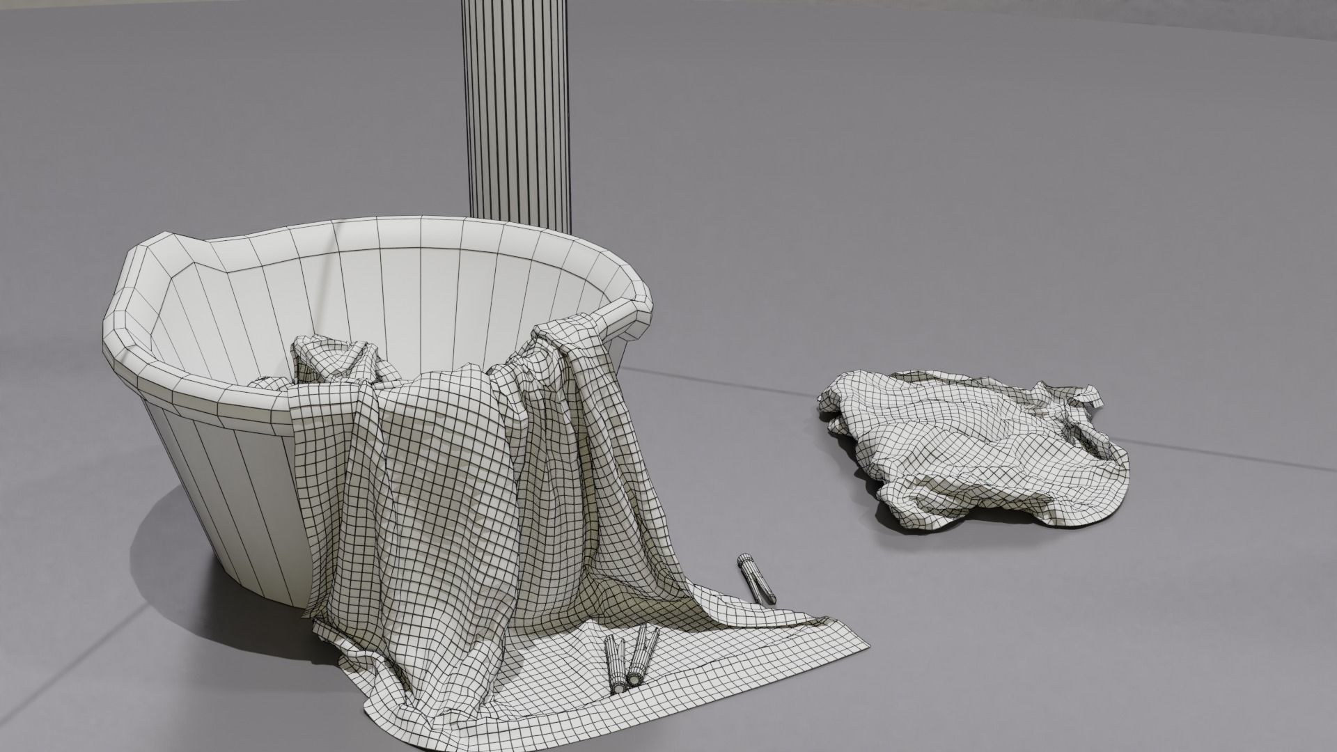 Clothes Line with Laundry Basket and Hanging Linens Low-poly 3D model_7