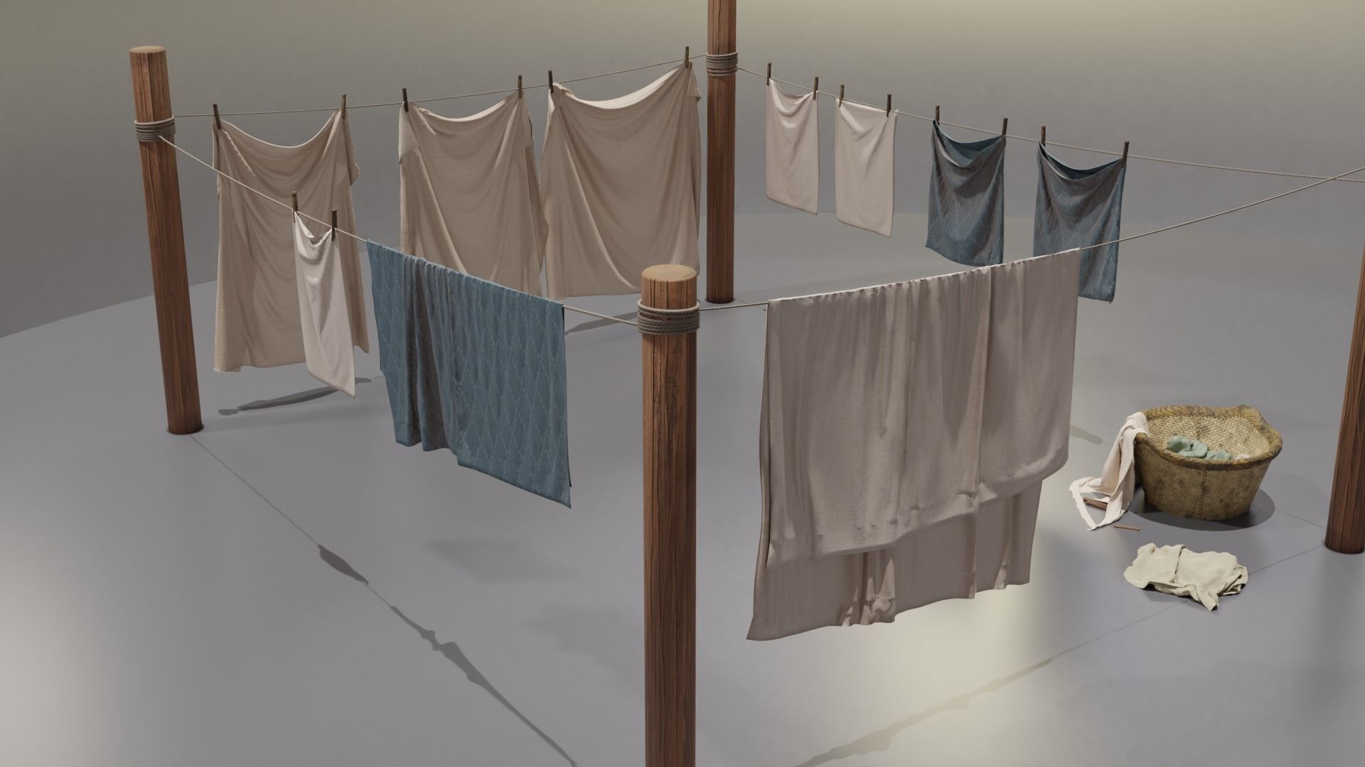 Clothes Line with Laundry Basket and Hanging Linens Low-poly 3D model_10