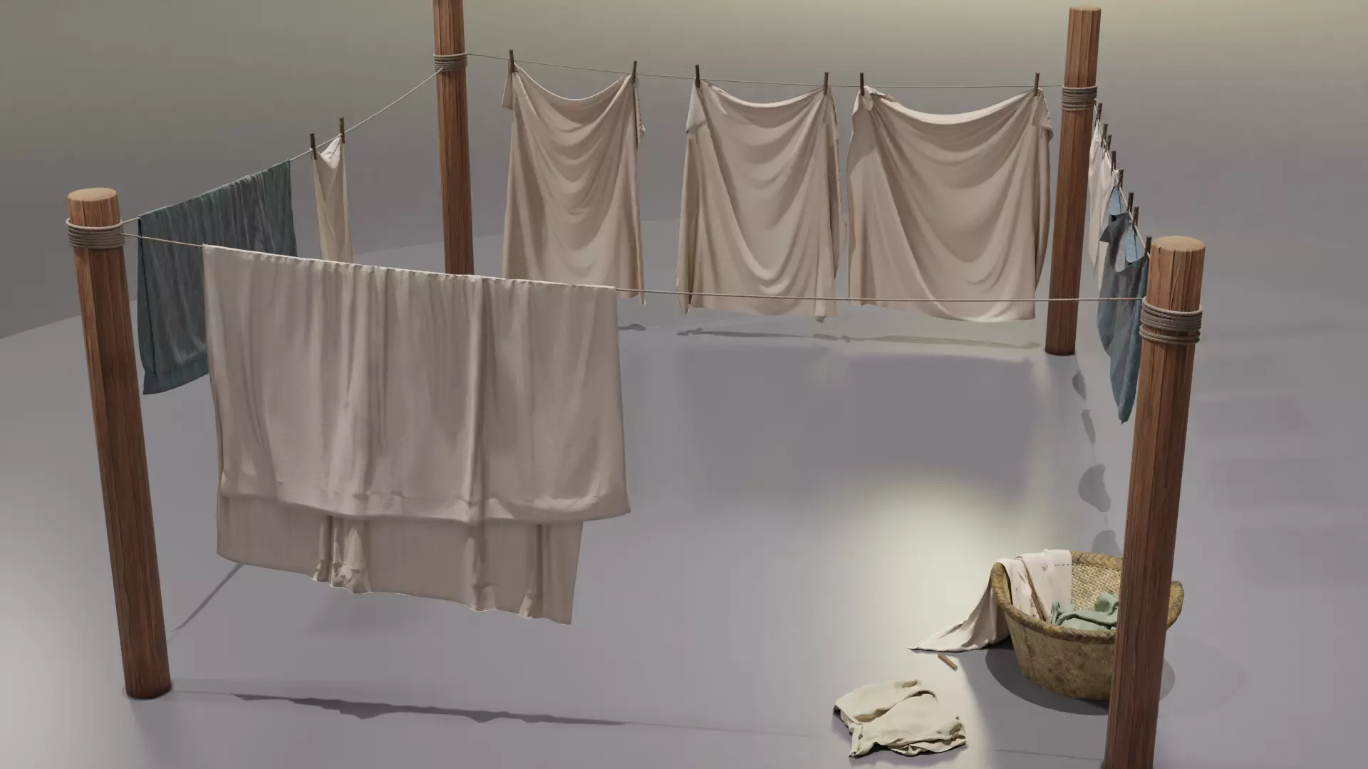 Clothes Line with Laundry Basket and Hanging Linens Low-poly 3D model_0