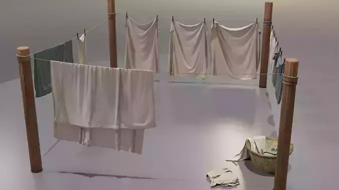 Clothes Line with Laundry Basket and Hanging Linens