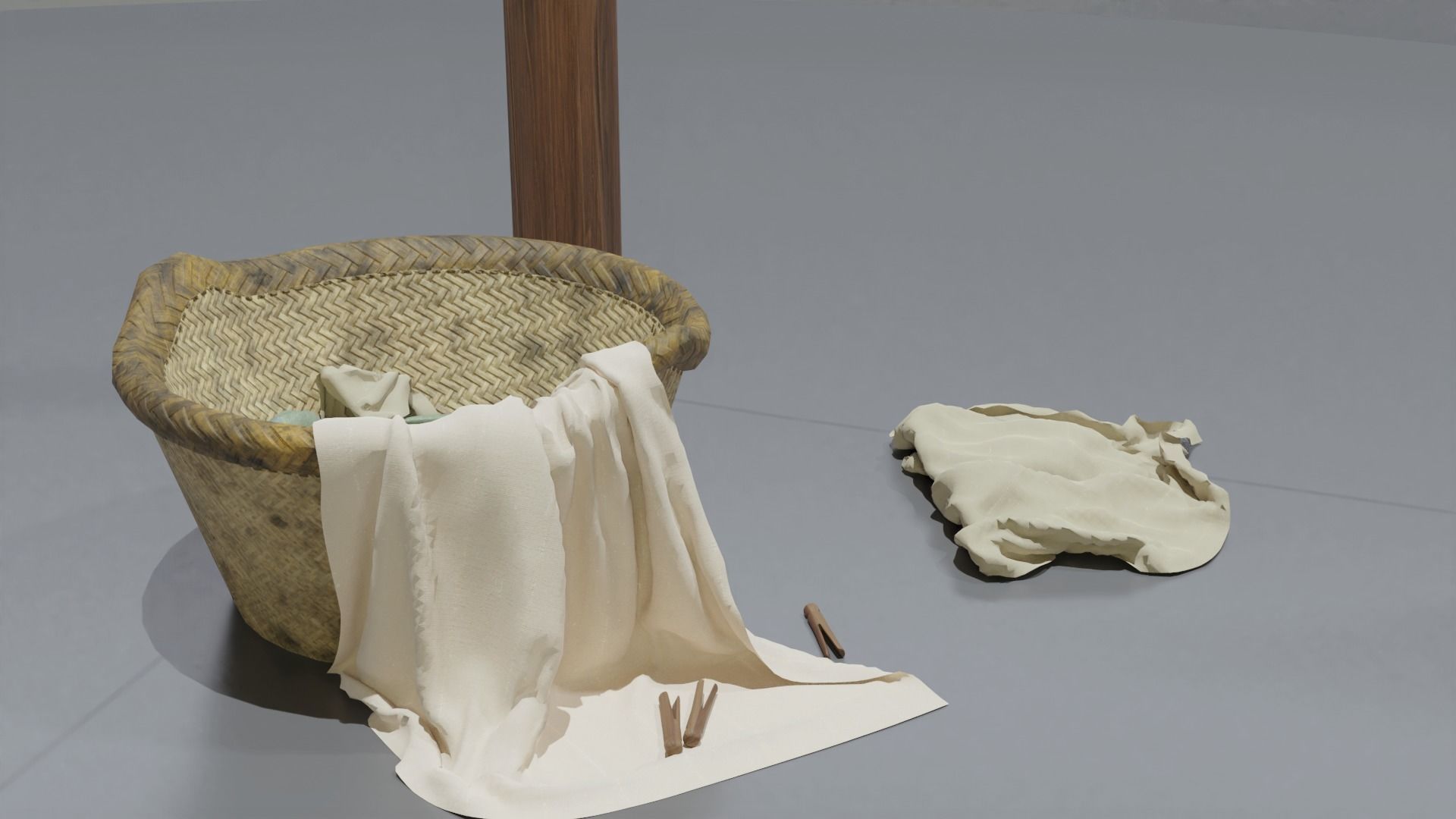 Clothes Line with Laundry Basket and Hanging Linens Low-poly 3D model_6