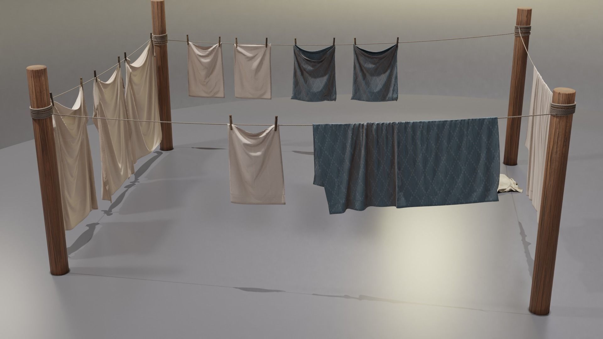 Clothes Line with Laundry Basket and Hanging Linens Low-poly 3D model_4