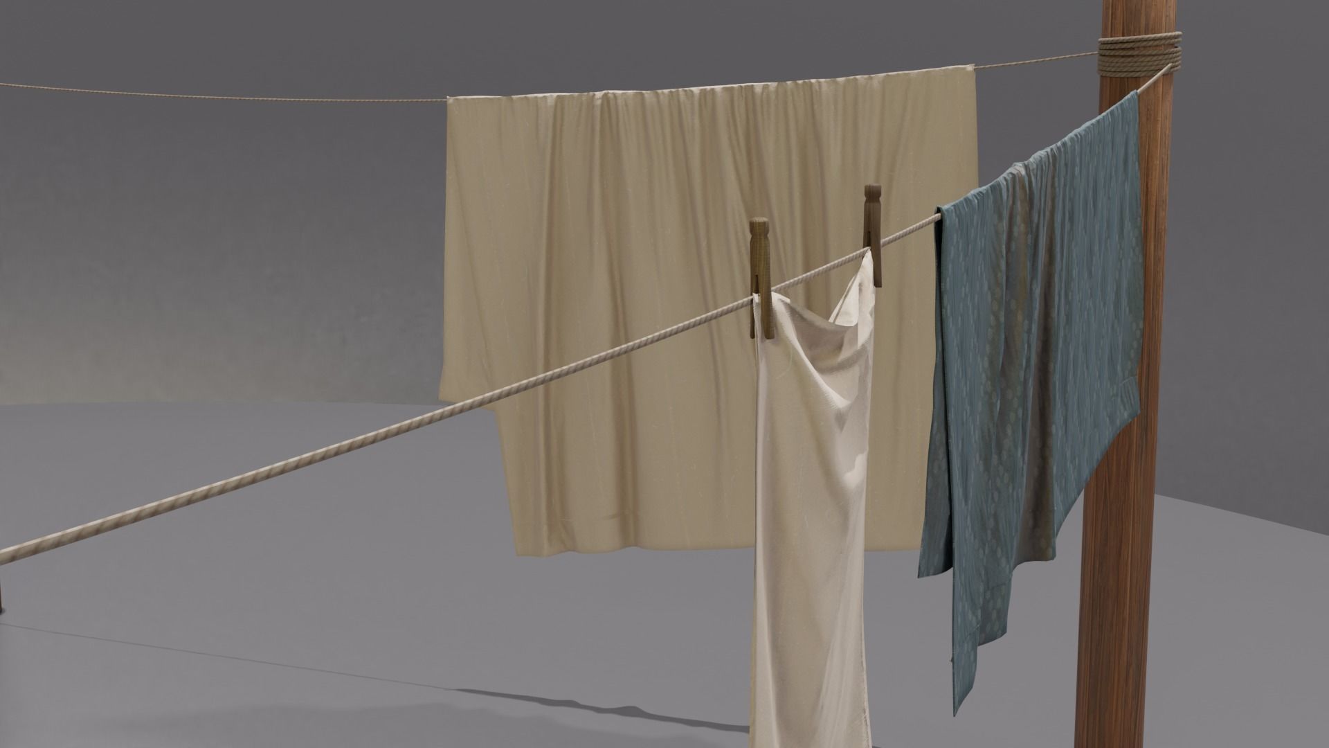 Clothes Line with Laundry Basket and Hanging Linens Low-poly 3D model_1