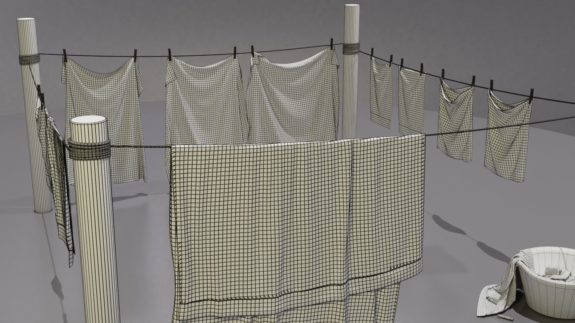 Clothes Line with Laundry Basket and Hanging Linens Low-poly 3D model_8