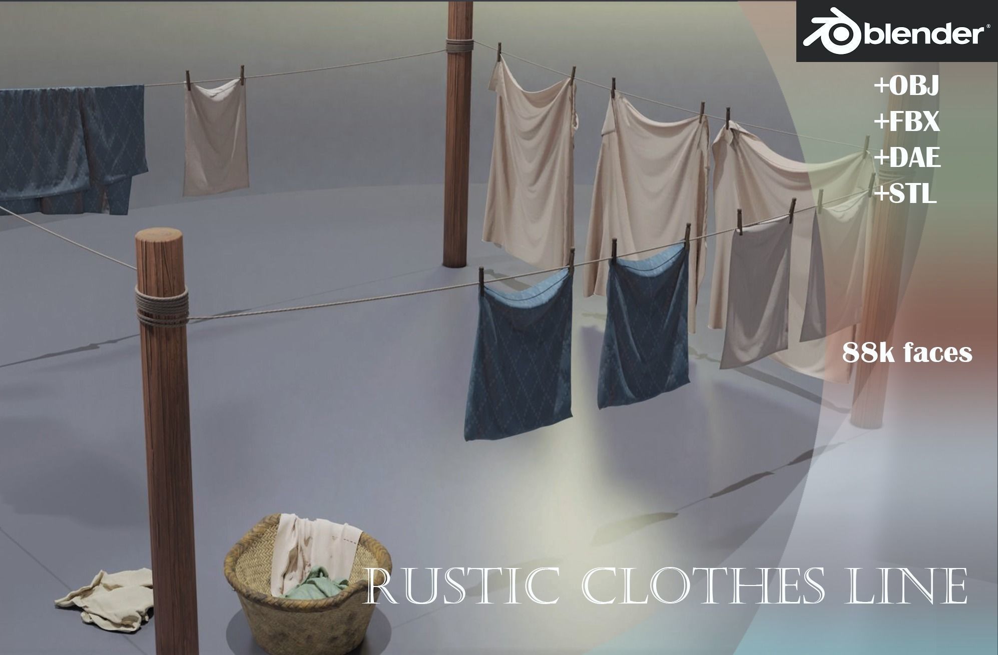 Clothes Line with Laundry Basket and Hanging Linens Low-poly 3D model_11