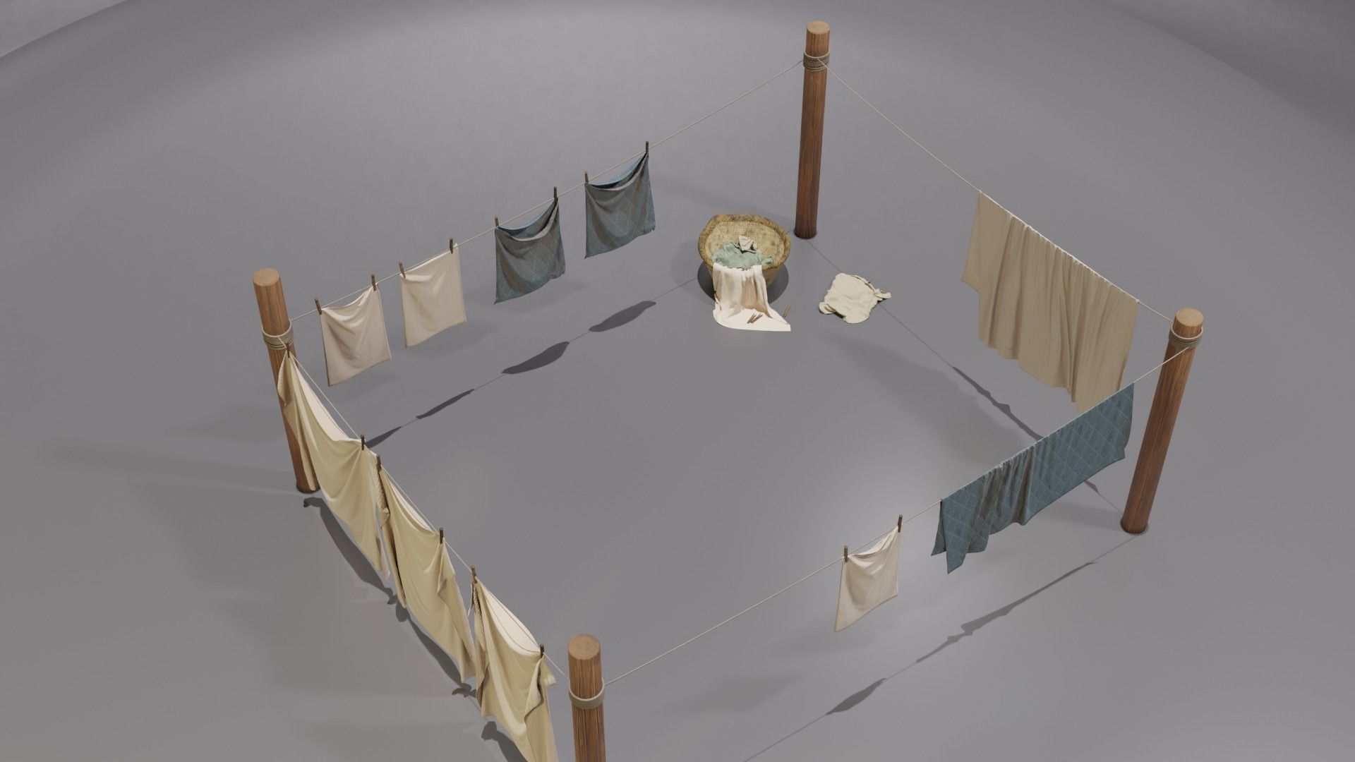 Clothes Line with Laundry Basket and Hanging Linens Low-poly 3D model_2
