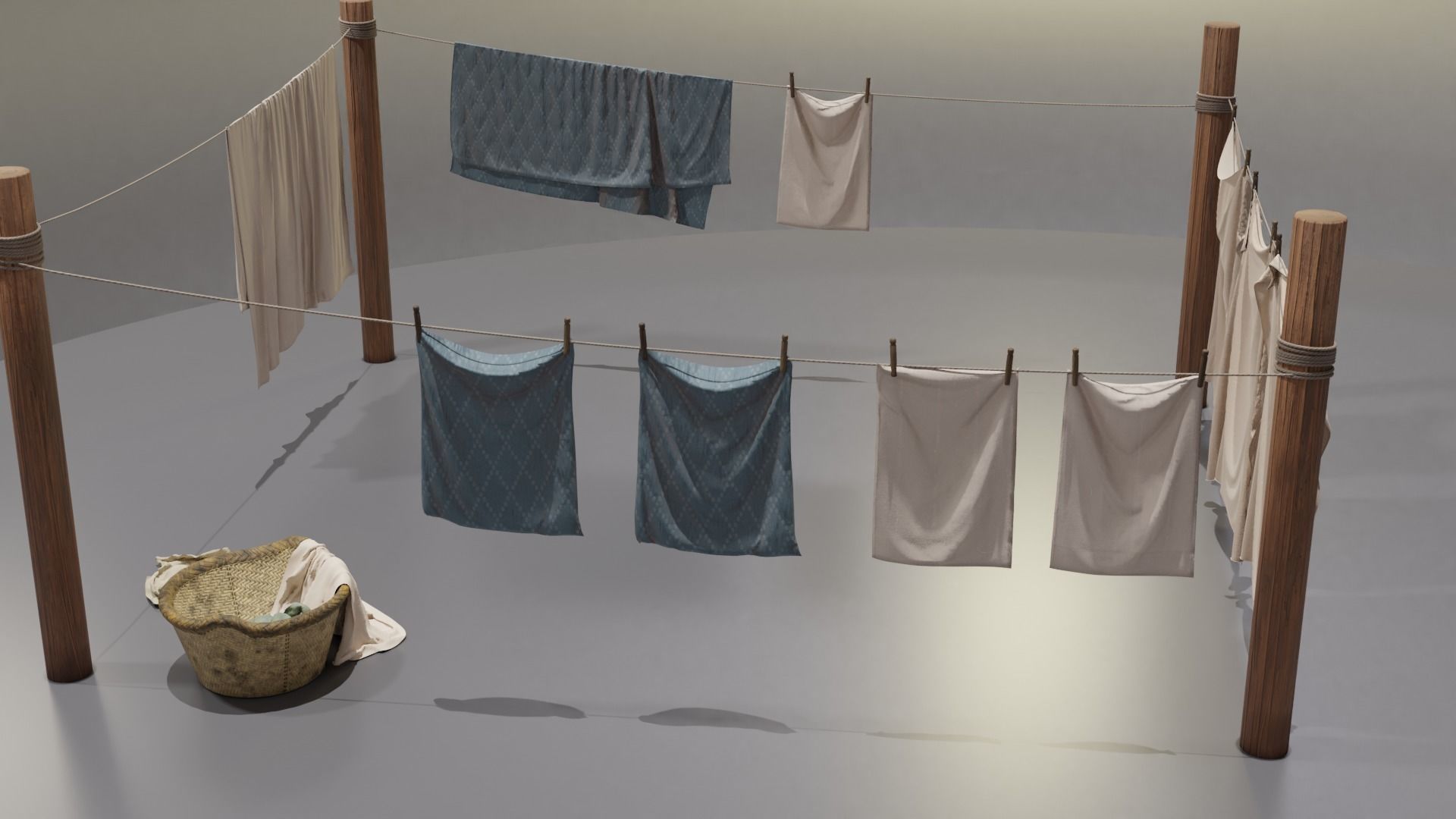 Clothes Line with Laundry Basket and Hanging Linens Low-poly 3D model_3