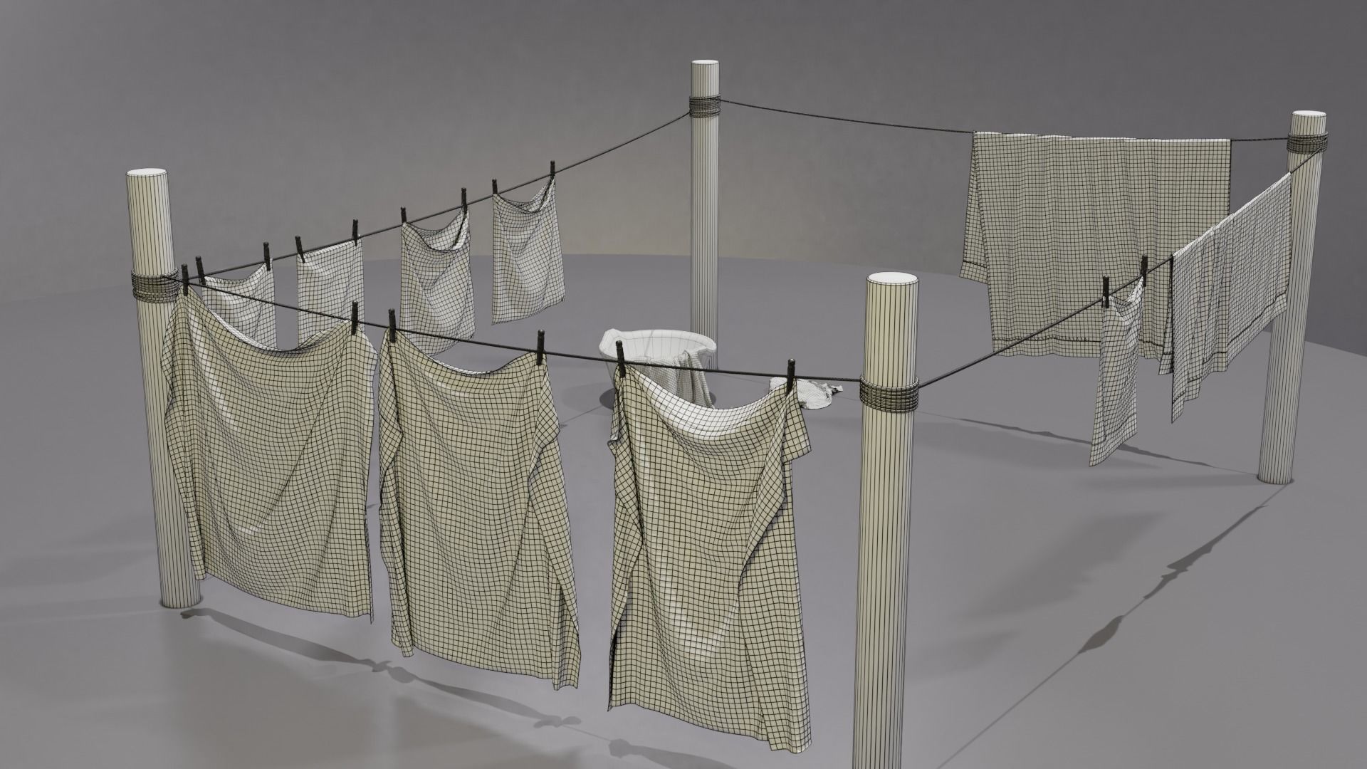 Clothes Line with Laundry Basket and Hanging Linens Low-poly 3D model_9