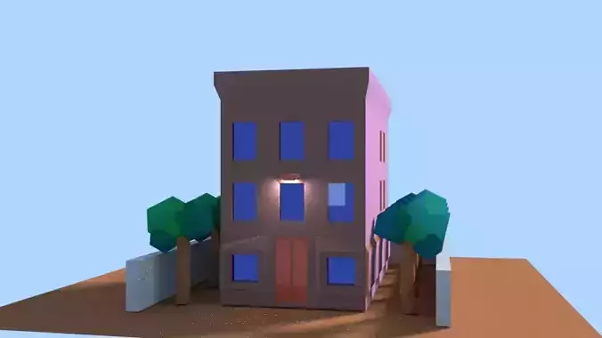 Low Poly Old Building Office Style or Business with Lamp n Trees Low-poly 3D model