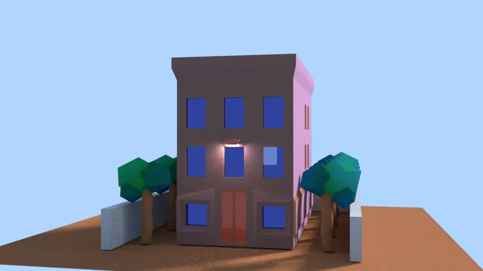 Low Poly Old Building Office Style or Business with Lamp n Trees Low-poly 3D model