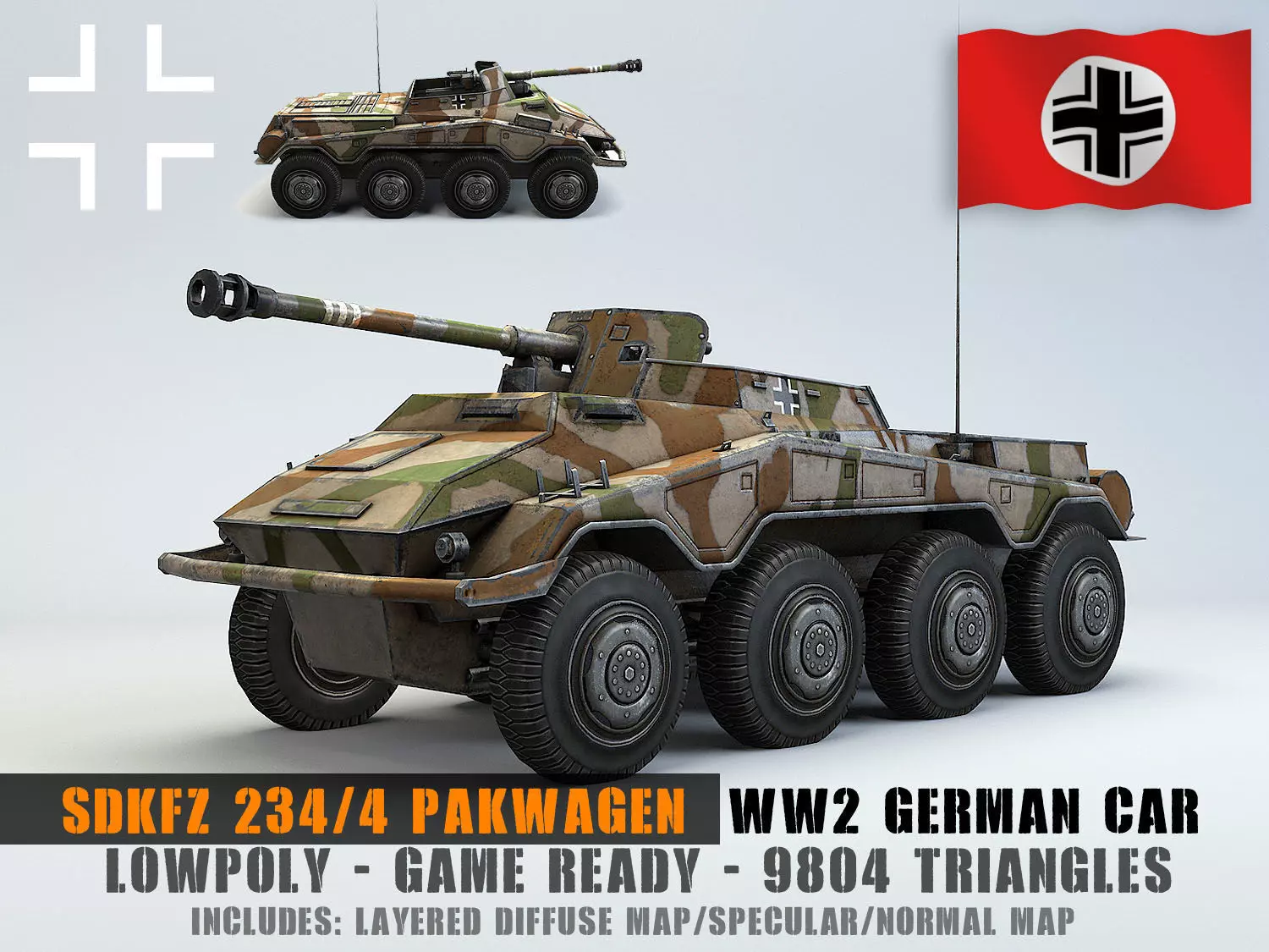 Low Poly SdKfz 234 4 Pakwagen Low-poly 3D model_0