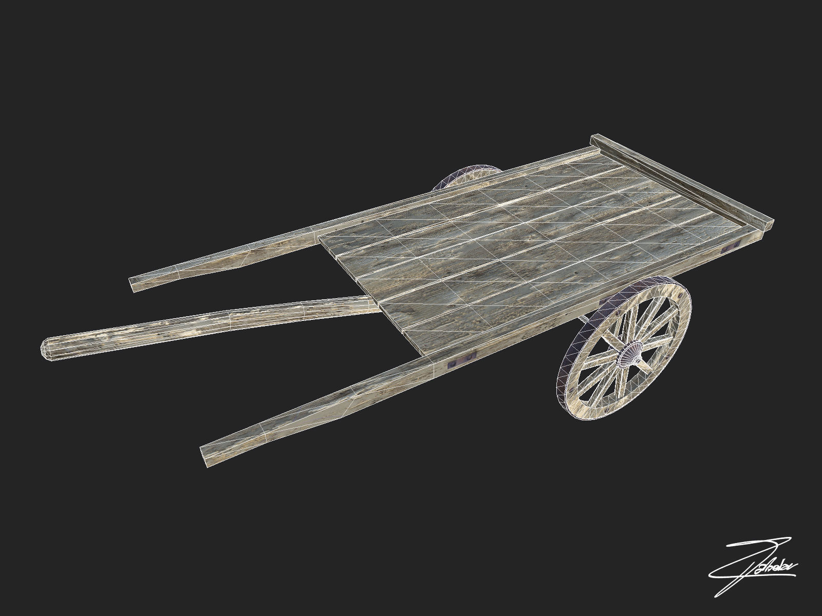 Wooden cart Low-poly 3D model_6
