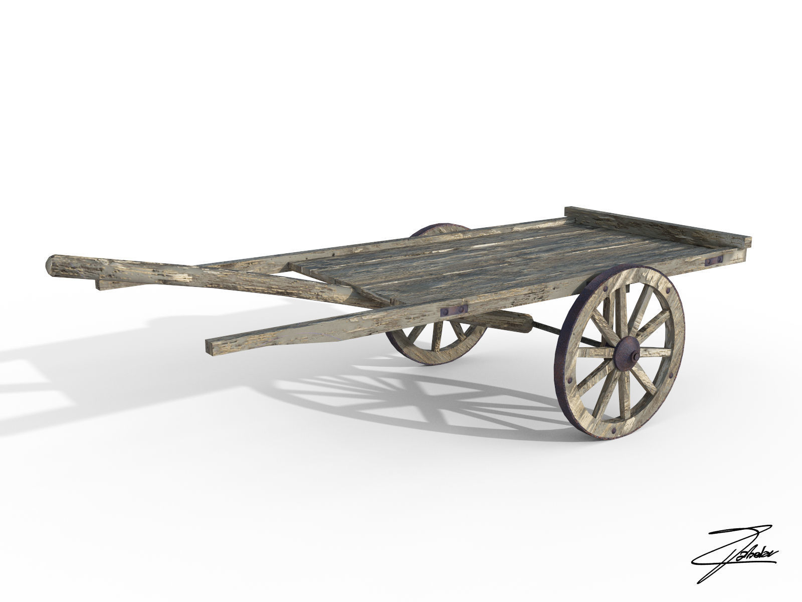 Wooden cart Low-poly 3D model_1