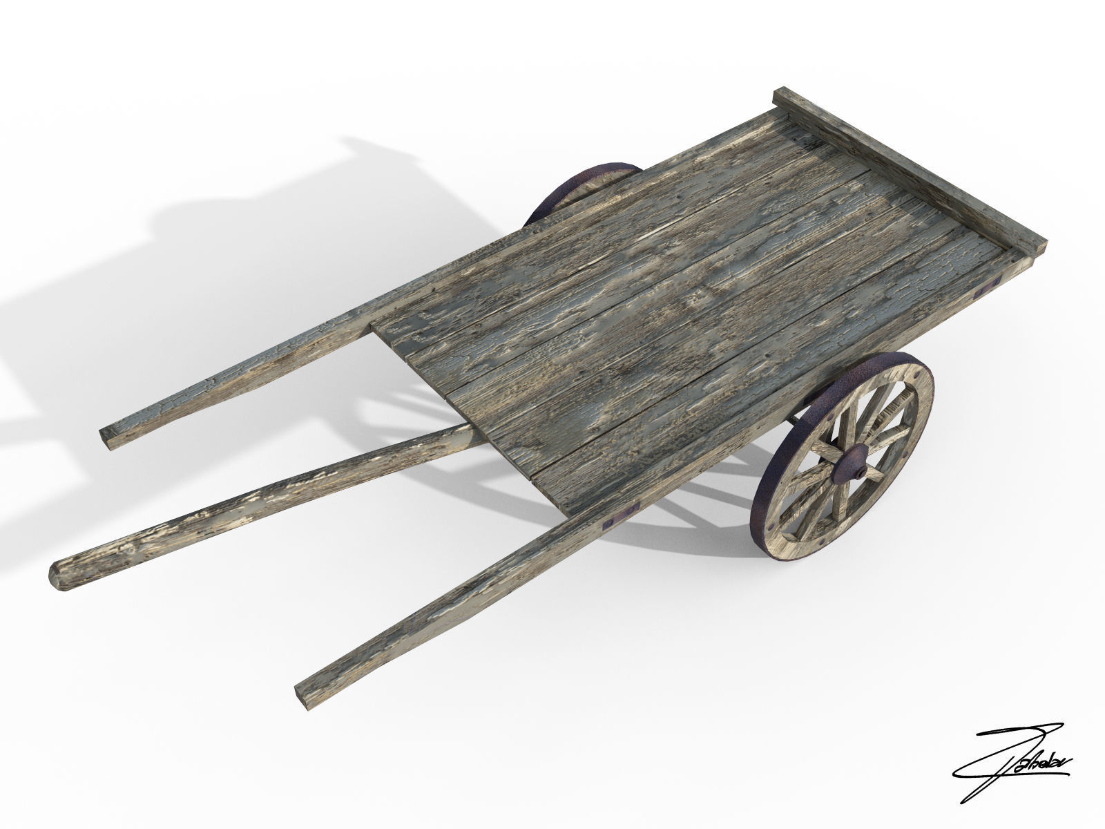 Wooden cart Low-poly 3D model_2
