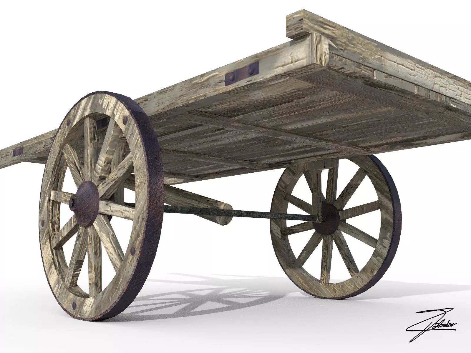 Wooden cart Low-poly 3D model_0