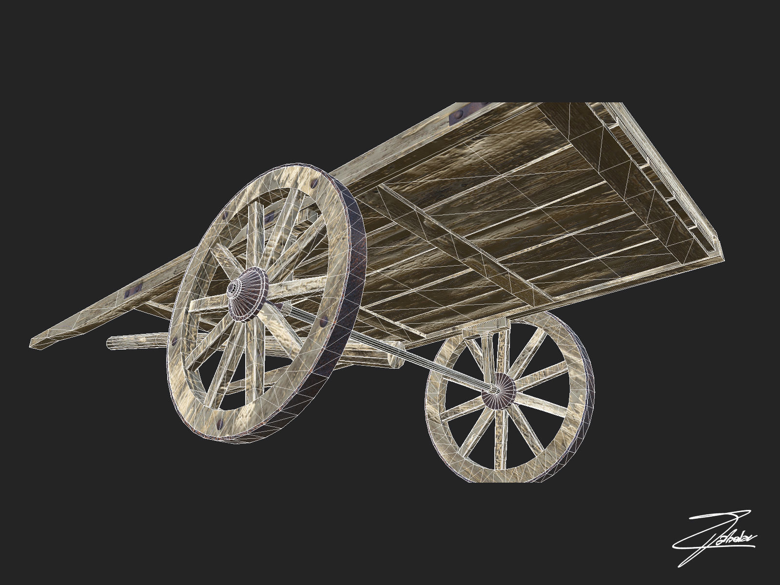 Wooden cart Low-poly 3D model_7