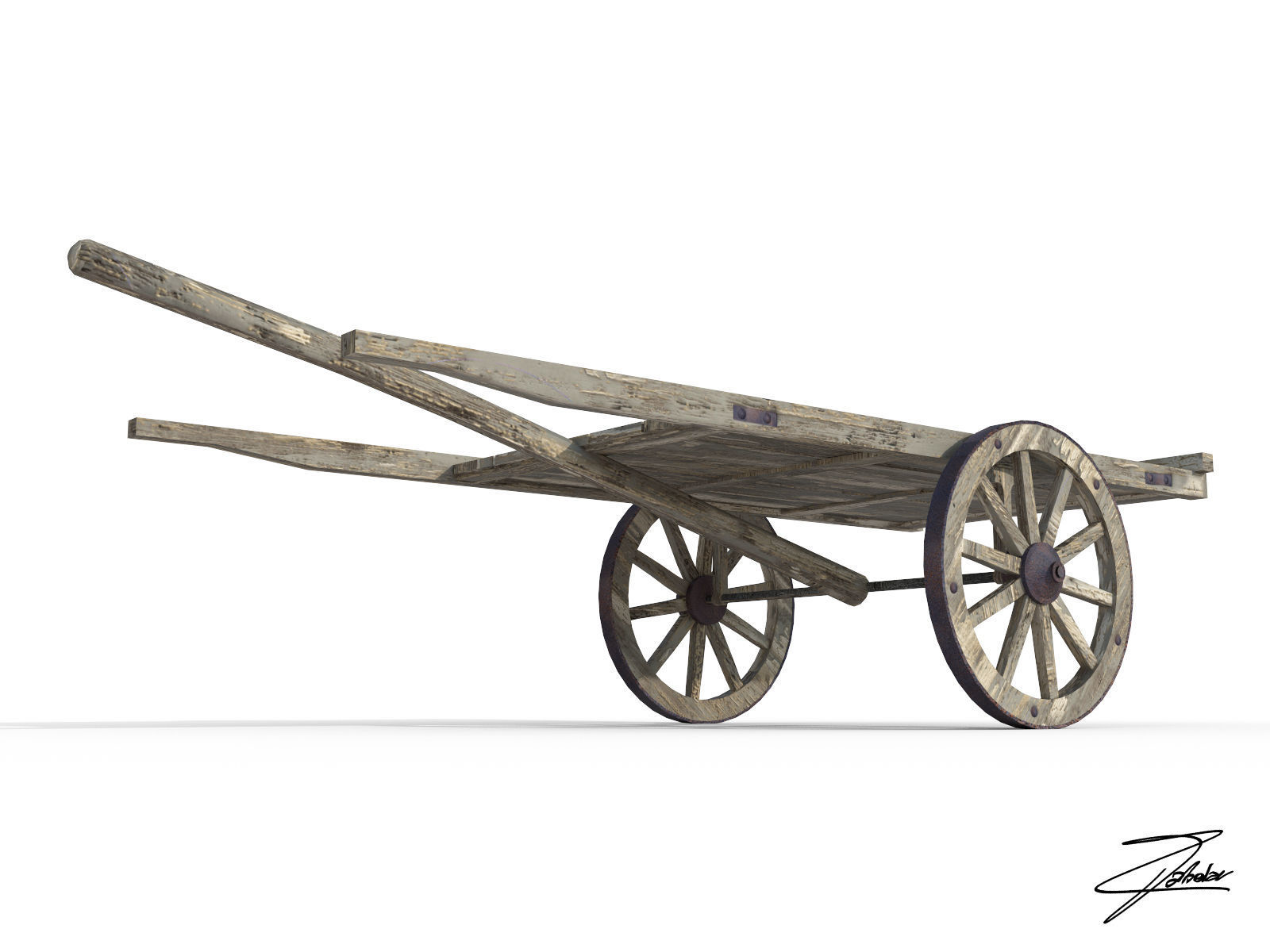 Wooden cart Low-poly 3D model_3