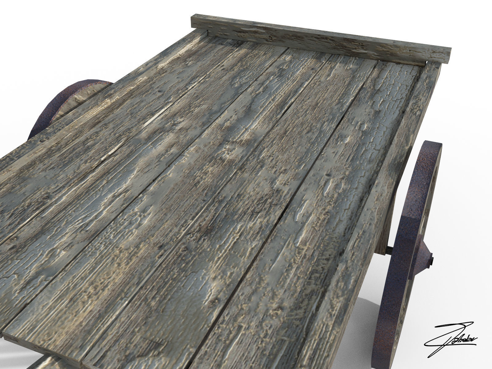 Wooden cart Low-poly 3D model_4