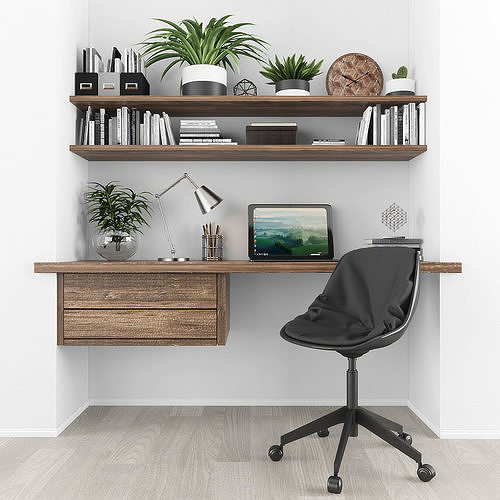 Workplace modern home office with bookshelves and plants Low-poly 3D model