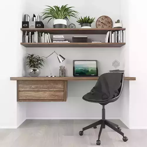 Workplace modern home office with bookshelves and plants Low-poly 3D model