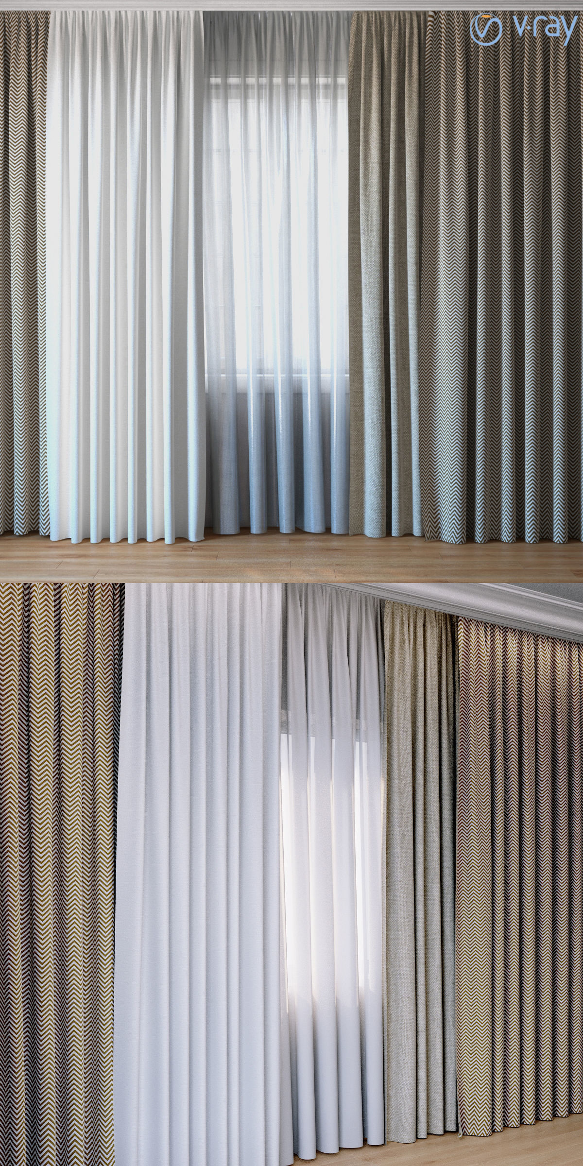 Curtains with tulle V-ray set 03  3D model_1